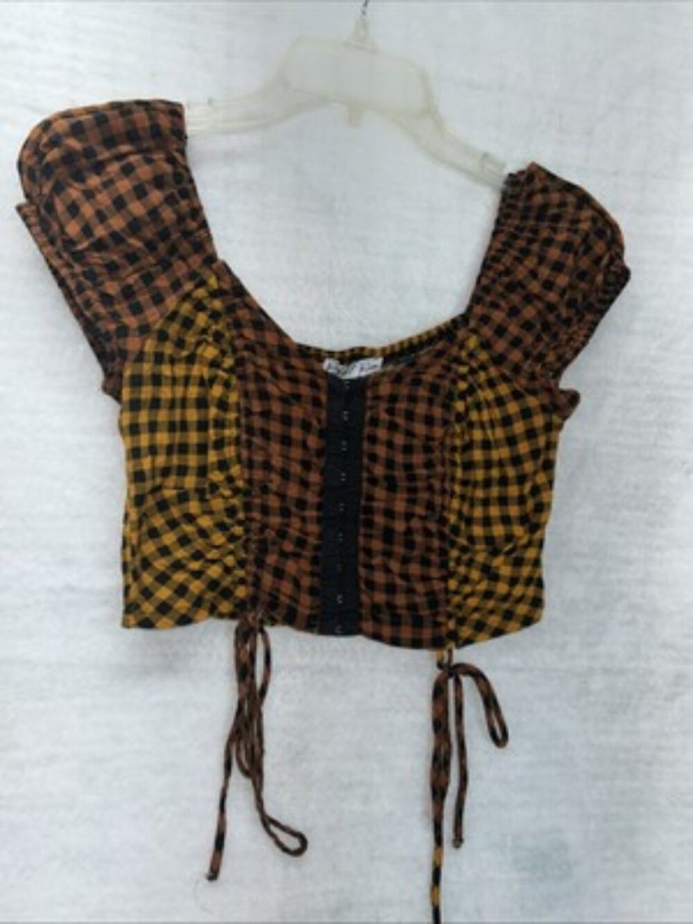 Rabbit Rose Orange/yellow Brown Check Crop Top with Eye Hook Close Sz Med Cute